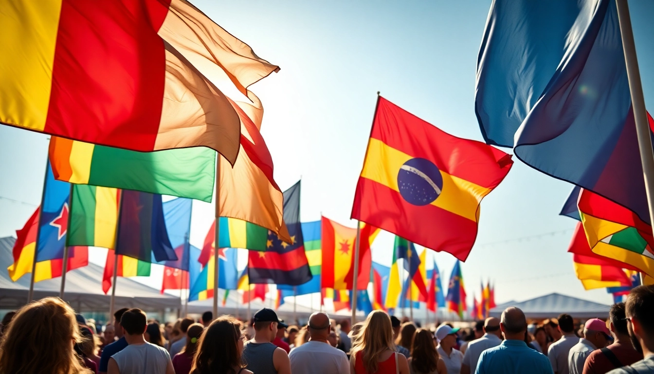 Custom flags Ireland displaying vibrant designs at an outdoor event with sunlight highlighting their colors.