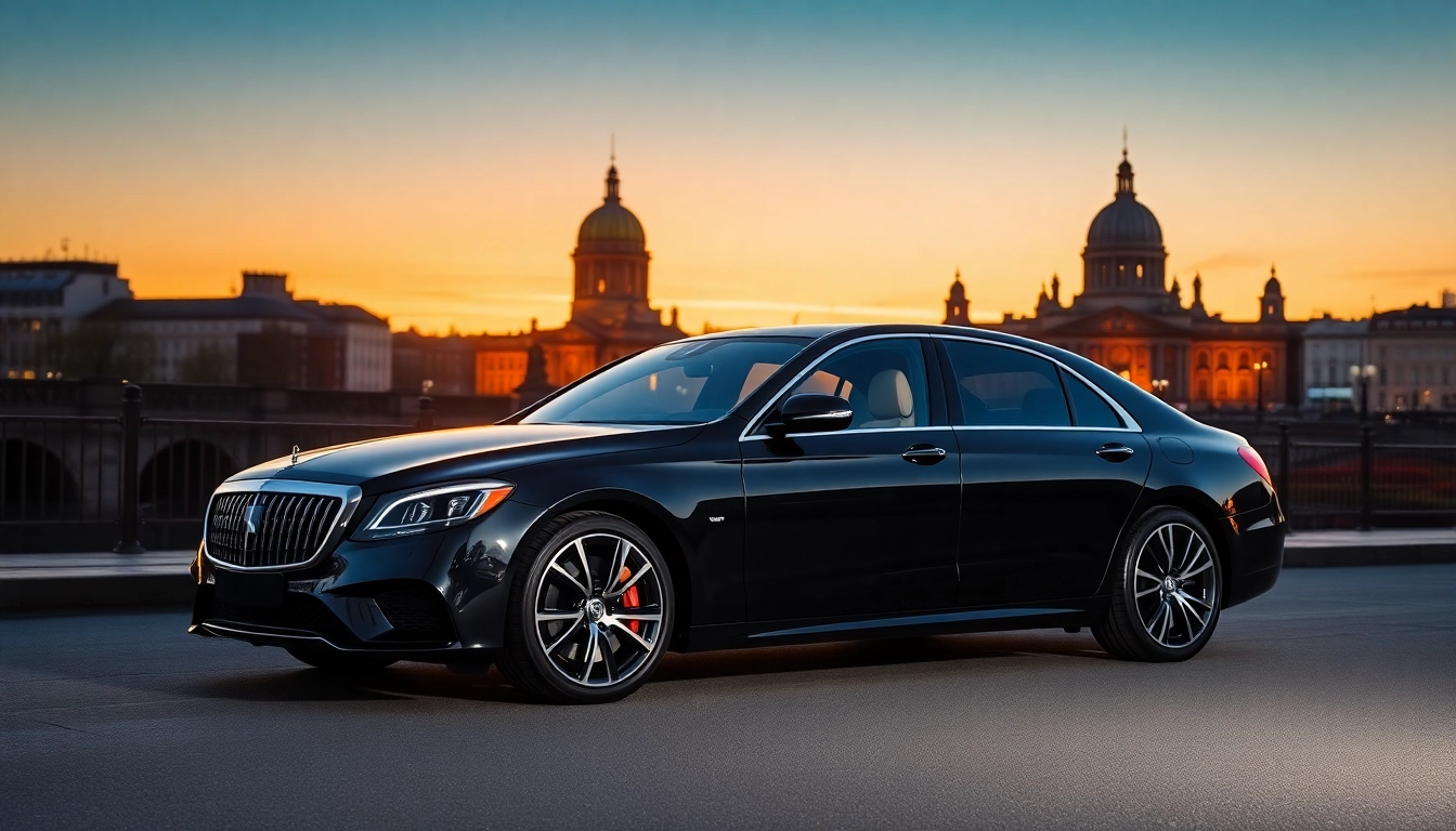 Experience the luxury private car service Dublin with a sleek black car in front of a landmark.