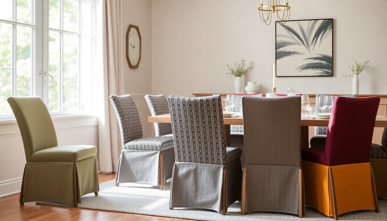 View various Housses de chaises showcasing colorful patterns and textures in a modern dining room.