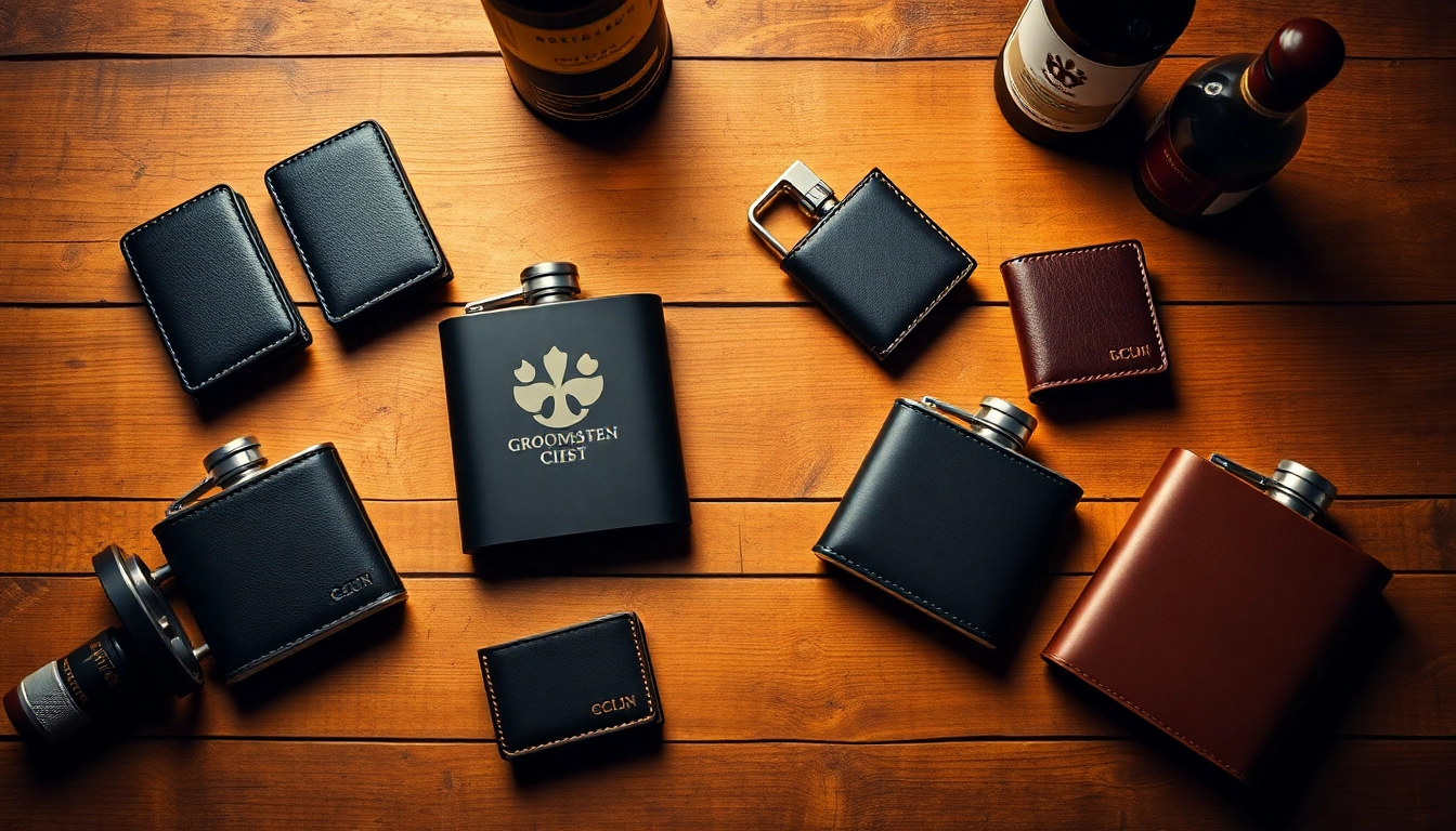 Explore charming cheap groomsmen gifts including personalized flasks and wallets presented beautifully.