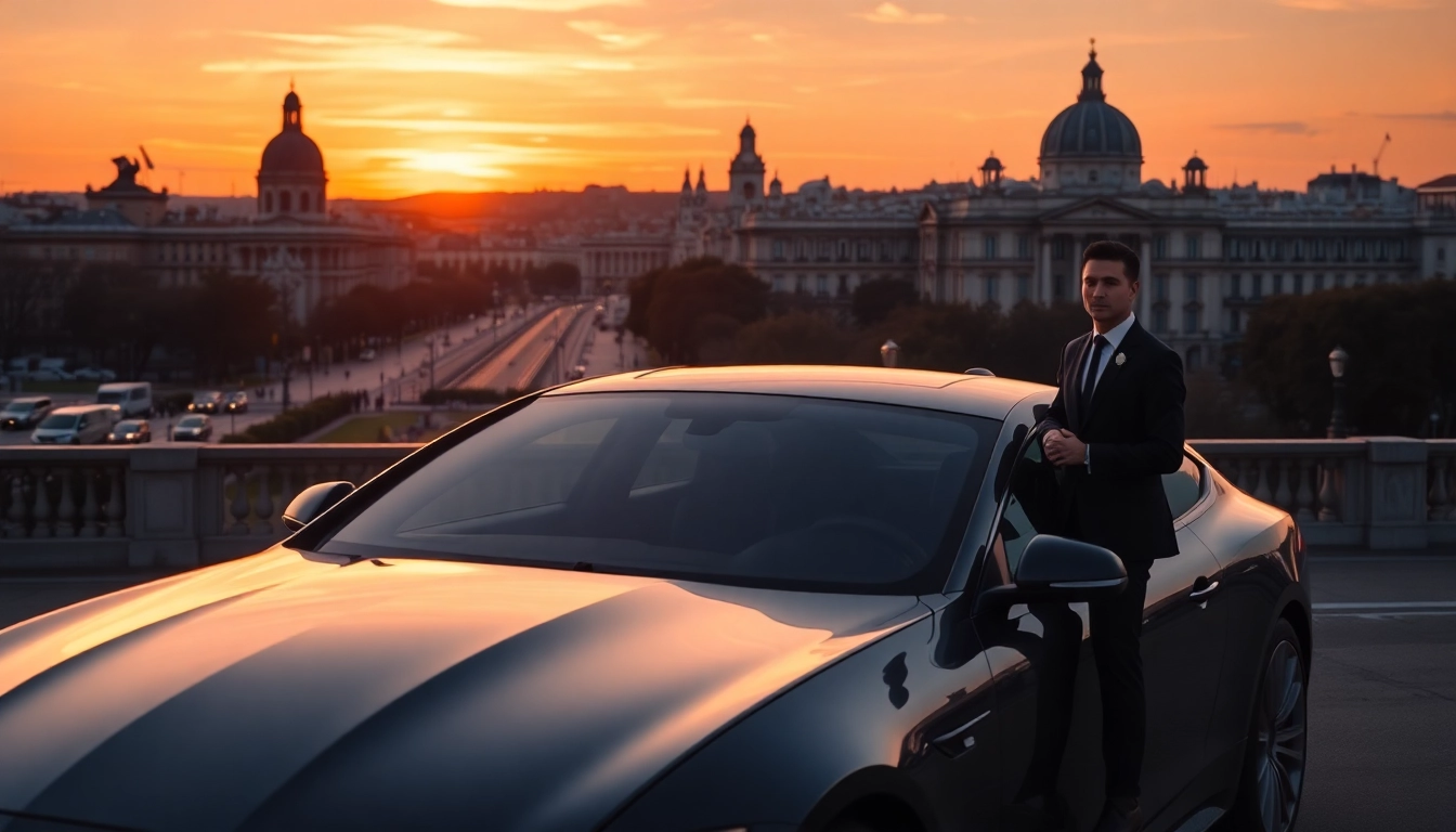 Experience affordable cheap car rental with driver Madrid, featuring a stylish chauffeur beside a luxury vehicle in the city.