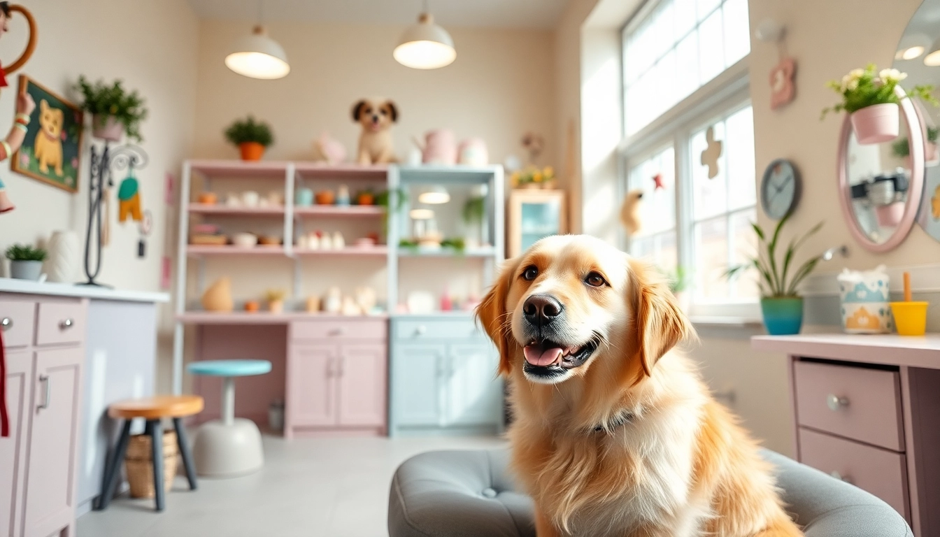 Pamper your pet at a cozy grooming salon with a golden retriever enjoying a relaxing spa treatment.