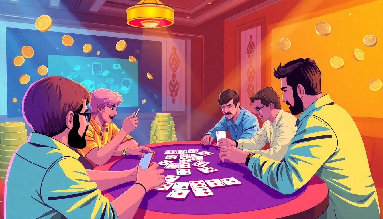 Experience rummy wealth as players enjoy an engaging card game with dynamic elements illustrating bonuses and winnings.