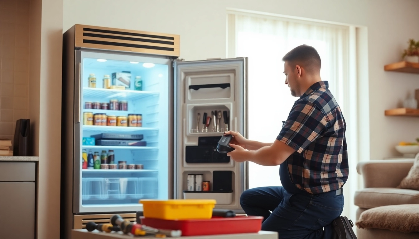 Technician performing beverage cooler repair, focusing on tools and cooler parts in a bright environment.