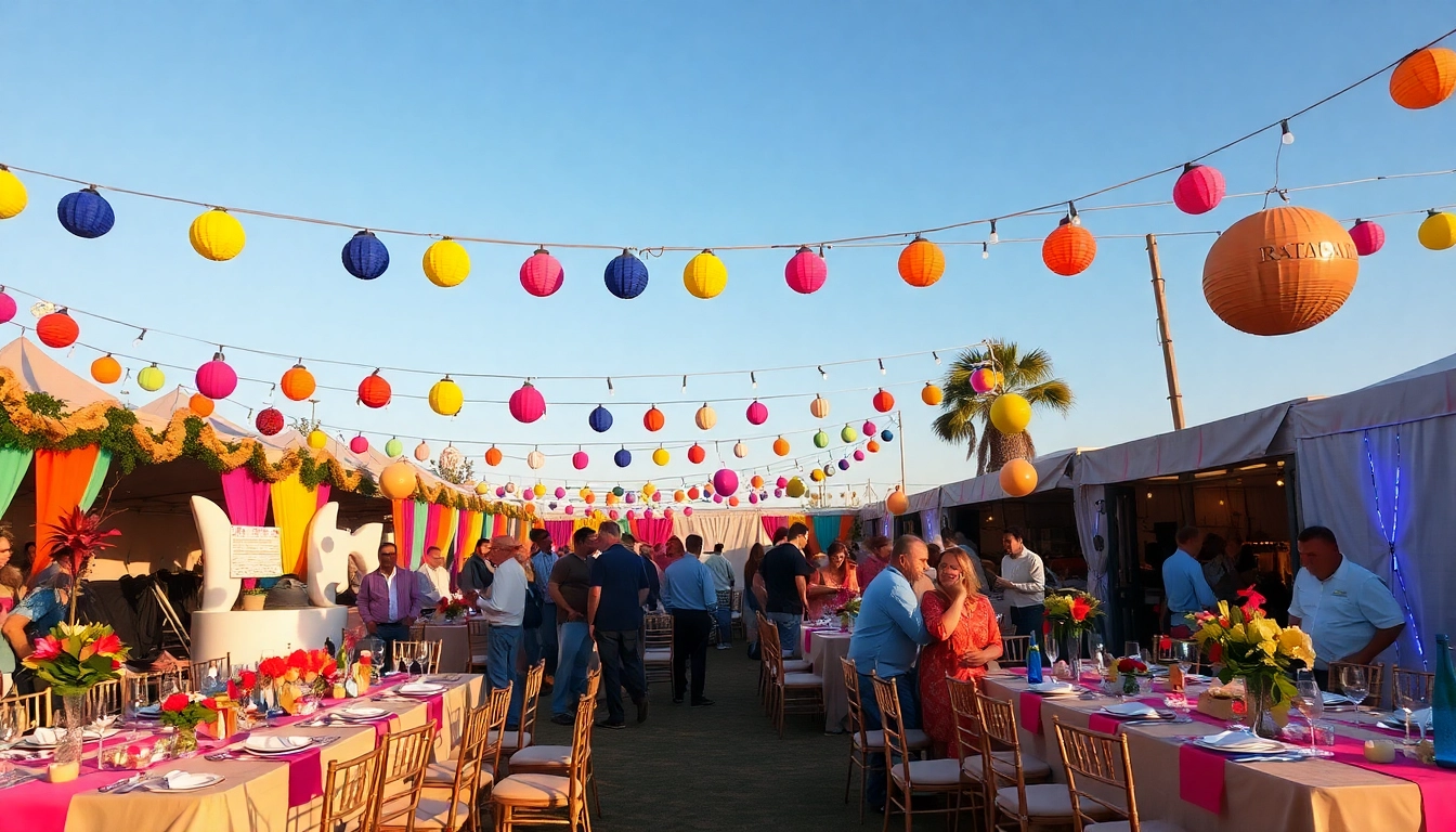 Enjoying a unique event with vibrant decorations and happy guests at an outdoor celebration.