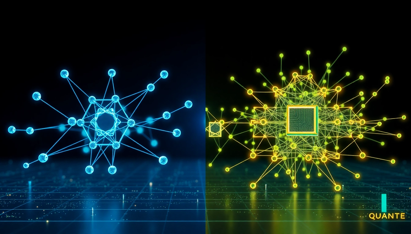 Analyze the contrast between chainlink vs quant showcasing blockchain technologies in a digital landscape.
