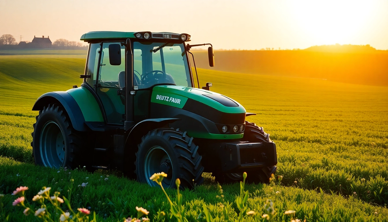 Deutz Fahr Traktor in fruchtbarem Feld mit warmem Licht und ehrgeiziger Atmosphäre.