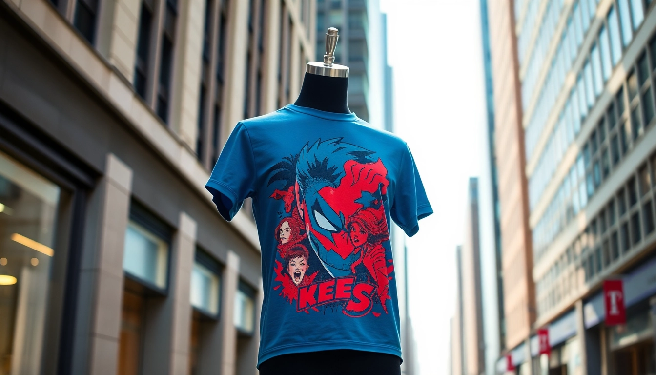 Showcasing a unique graphic t-shirt highlighted against a vibrant urban backdrop.