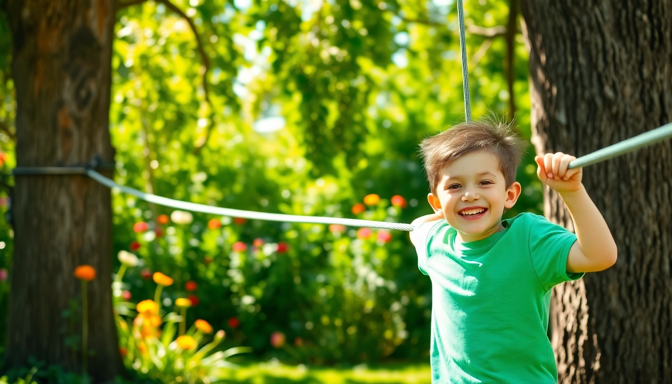 Enjoying the GARDEN ZIP WIRE KIT adventure with a child ziplining through the garden.