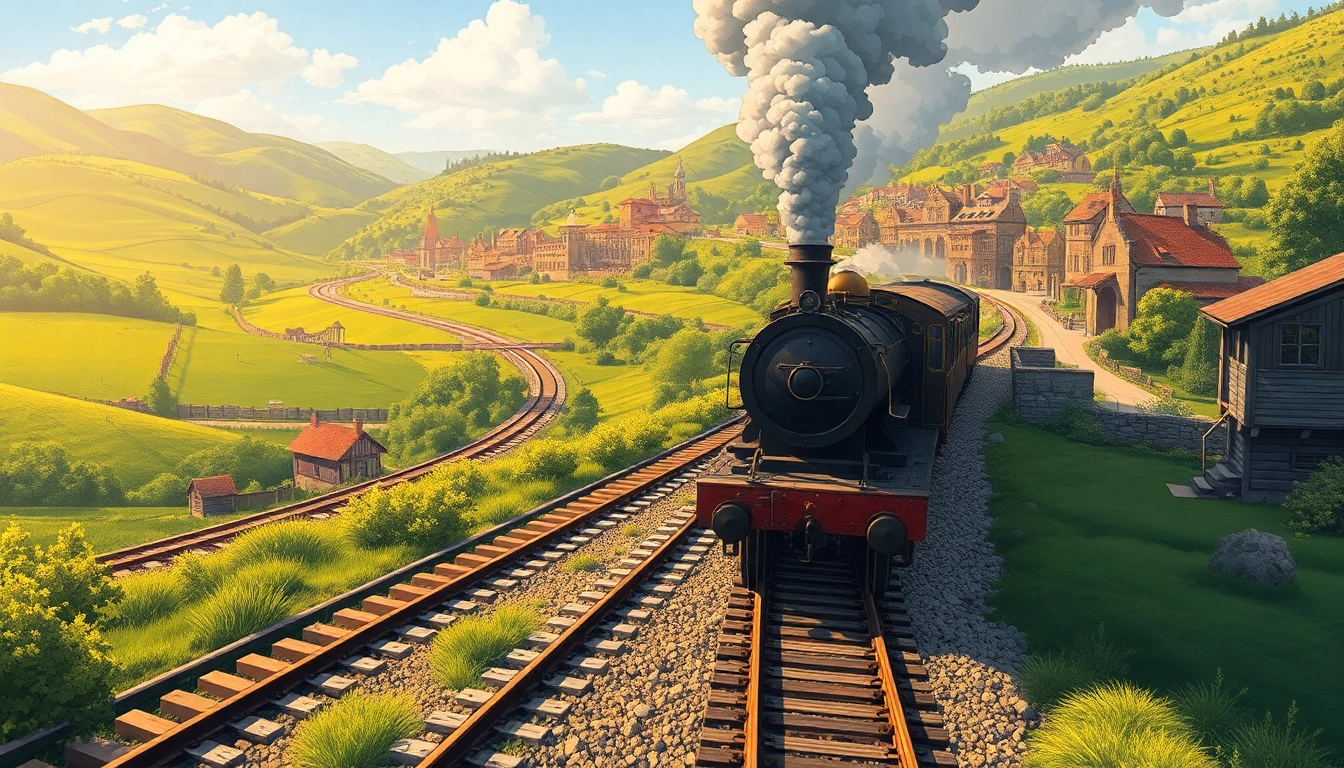 Experience the excitement of railroad tycoon download with a vintage steam train against a picturesque landscape.