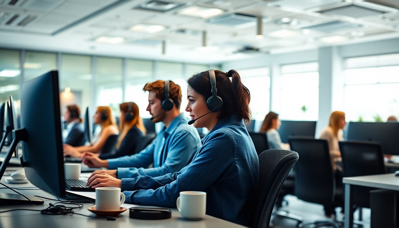 Engaged team using call center services in a bright professional office setting.