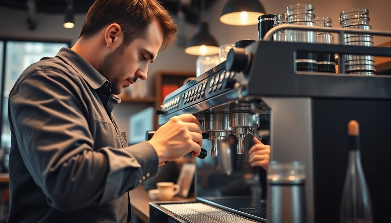 Cimbali service technique: Technician expertly repairing an industrial espresso machine during routine maintenance.