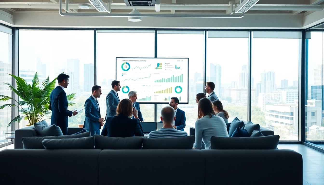 Engaged professionals using AI for competitive intelligence during a modern business meeting.