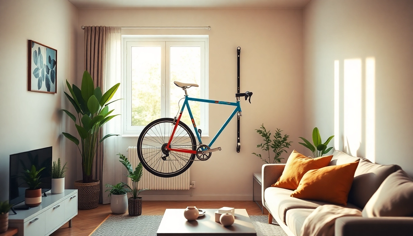 Efficient apartment bike storage solution featuring a sleek vertical bike rack in a cozy living space.