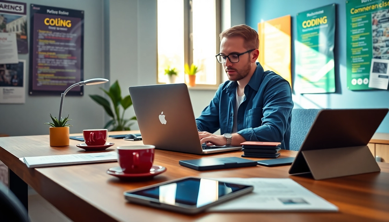 Engaged learner in an Online PHP certification course working on a laptop in a modern workspace.