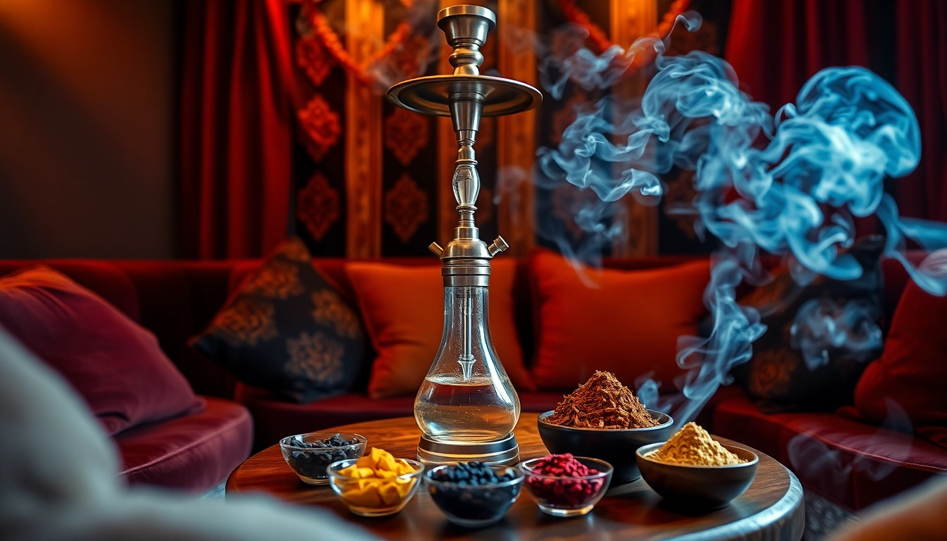 Indulge in shisha hookah flavors with a vibrant setup showcasing various tobacco and a beautifully designed hookah.