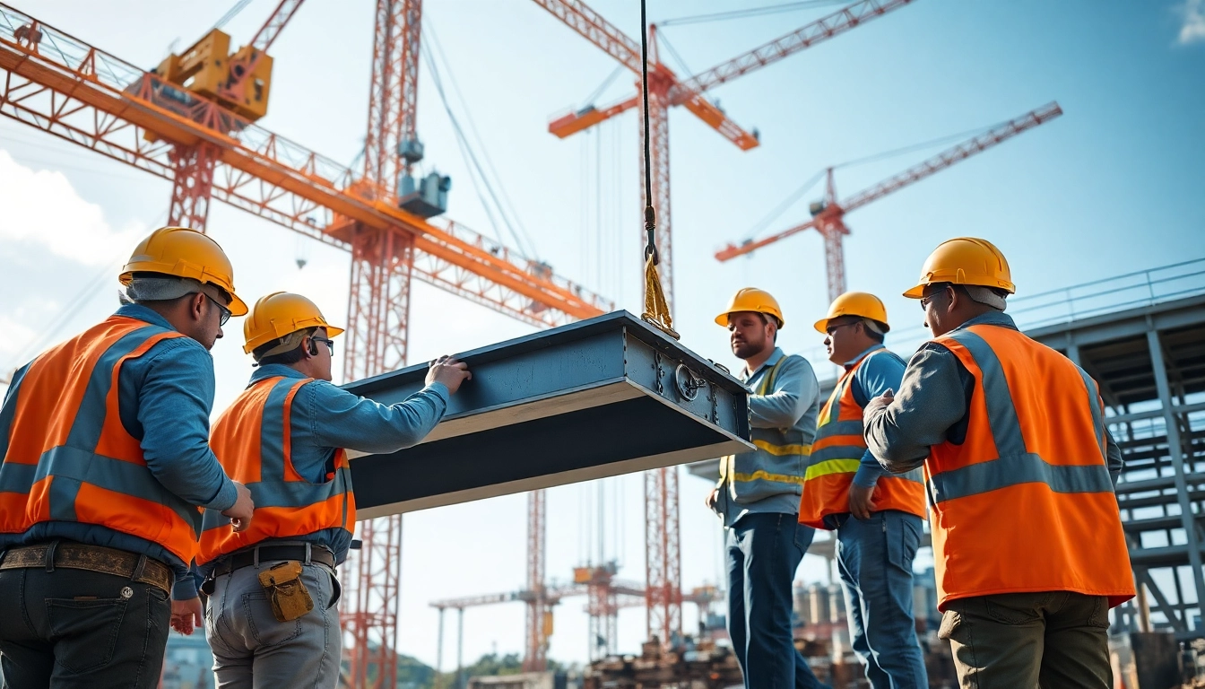 Structural steel installation team performing precise lifting on a construction site.