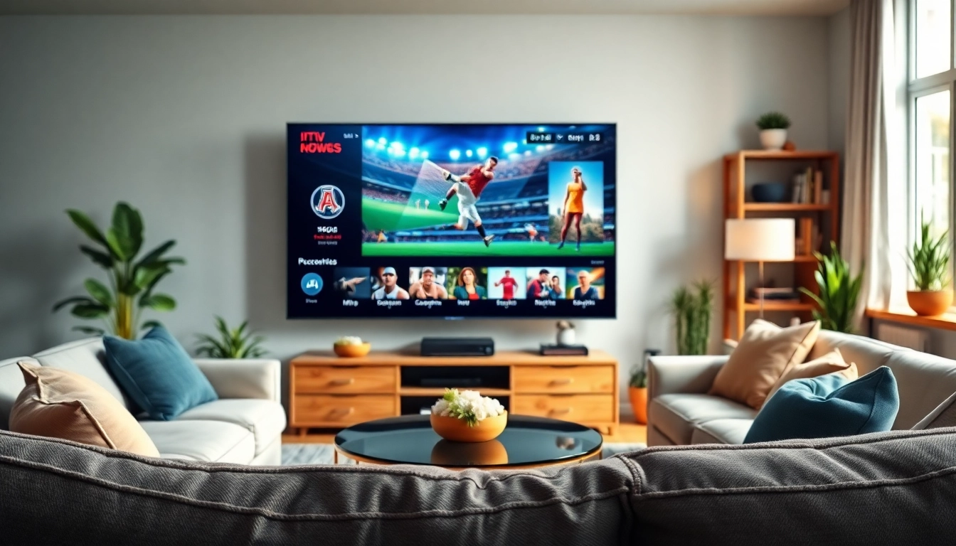 Showcase of an iptv subscription with a modern smart TV in a cozy living room setting.