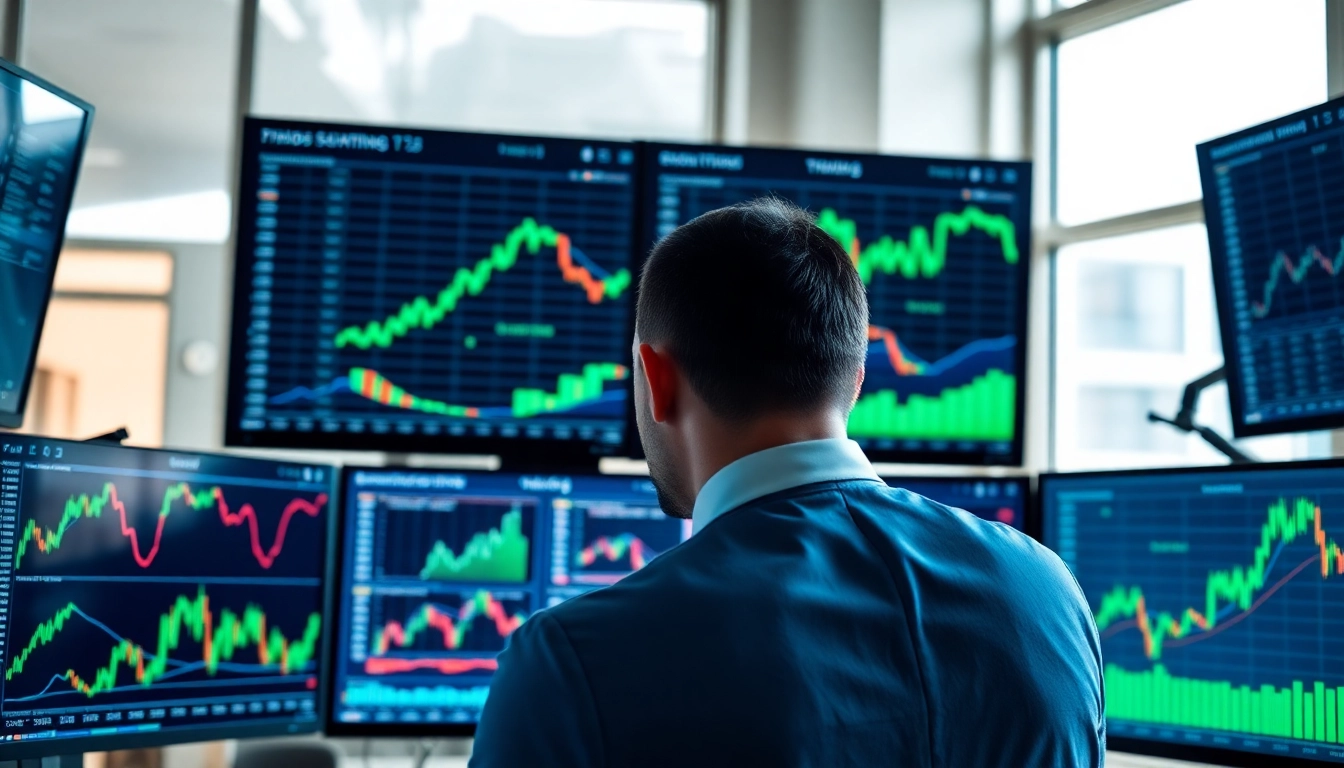 Evaluate trading strategies in a modern office with vibrant colors and real-time market data.