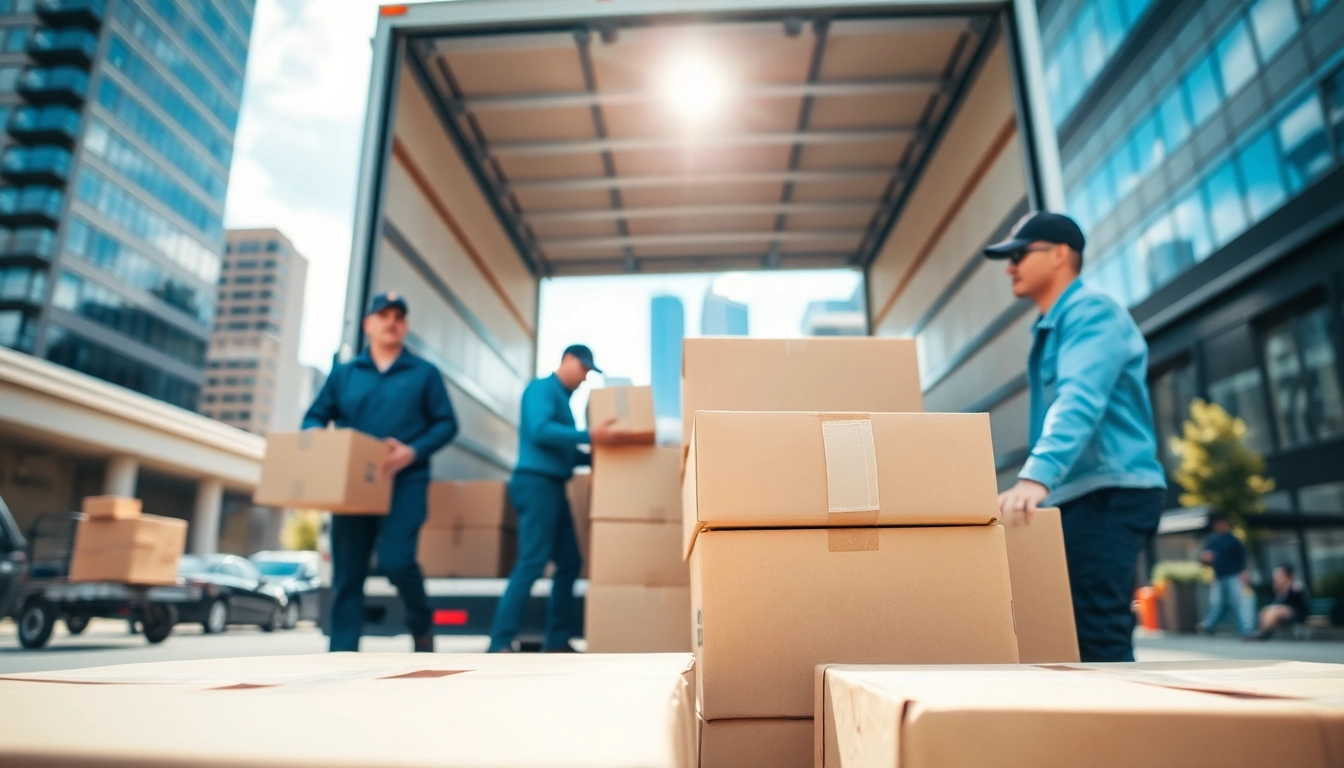 Movers Calgary professionals loading boxes into a truck during a sunny day in Calgary.