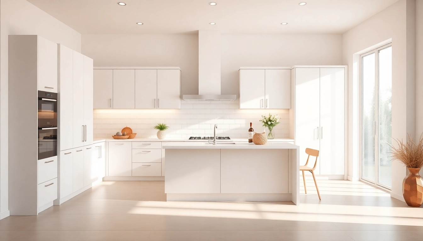 Showcase kitchen featuring contemporary white kitchen cabinets, illuminated by natural light and adorned with elegant decor.