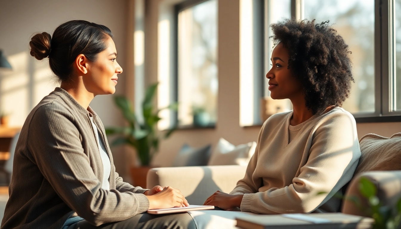 Engaging counselling session showcasing a therapist and client in a peaceful room.